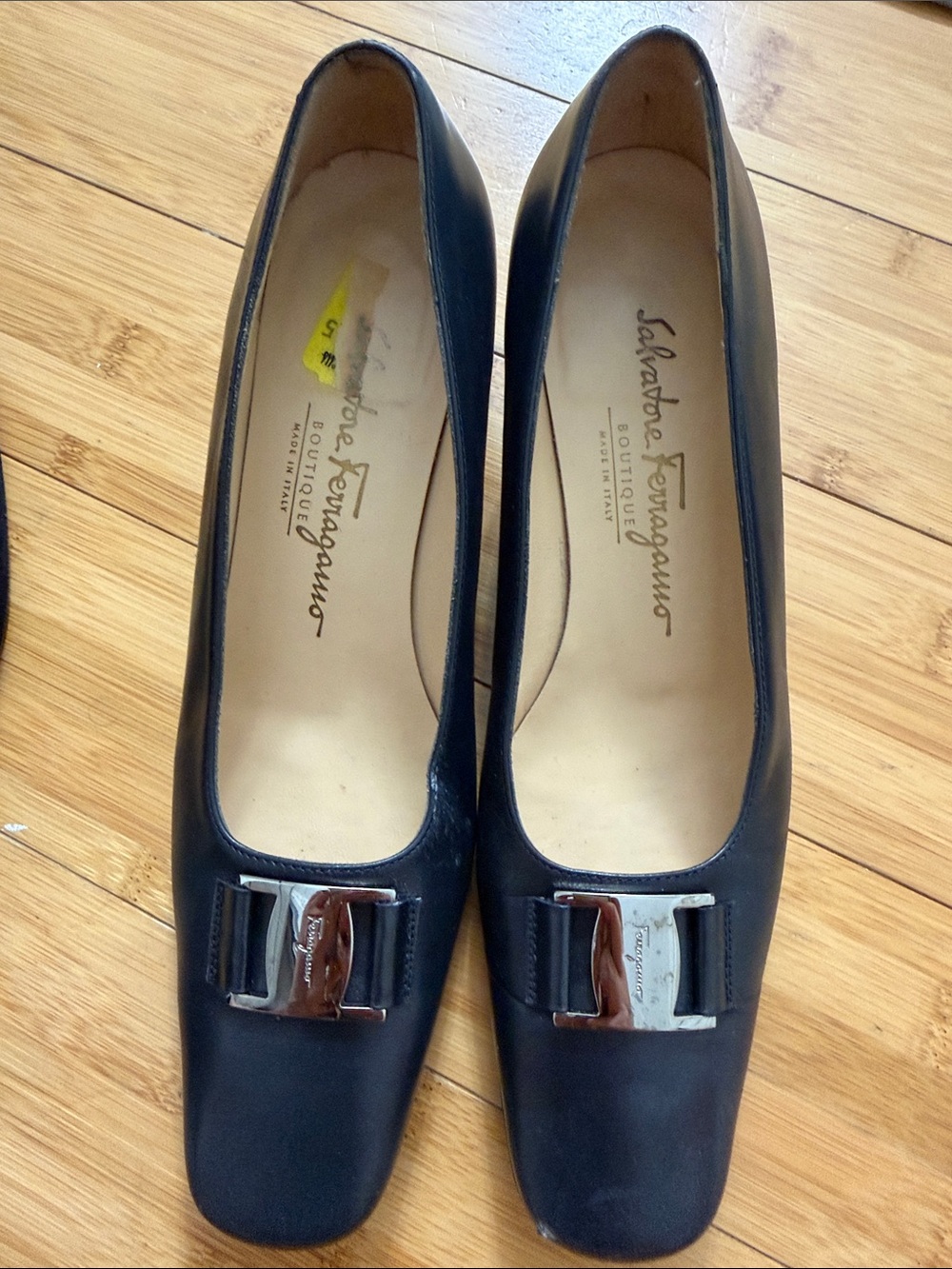 Salvatore Ferragamo Black Leather Pumps with Silver Buckle